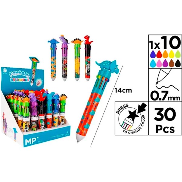 Bolígrafos 10 colores 0,7mm dinosaurios, diseños surtidos, 30 uds